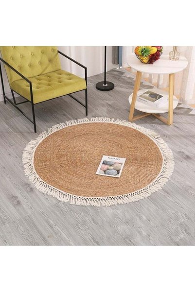 Generic Brand LINGWEI Jute Rug Round Jute Rug Carpet with Cotton Pendant Hand...