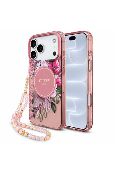 Guess Husă de telefon pentru iPhone 17 Pro, iPhone 18 Pro, IML Flori cu curea...