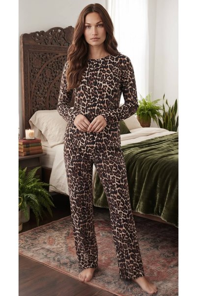 MAREA GROUP LEOPAR PİJAMA TAKIMI Süet Kumaş Pijama Takımı