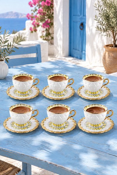 MAKRİ HOME 6 Kişilik 12 Parça Porselen Kahve Fincan Takımı, Limon Çiçeği