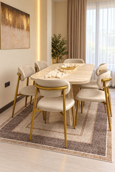 ANGREAT Ponza Traverten 90x168 Mdf Masa, Mdf X Ayak, Gold Metal Polo Sandalye...