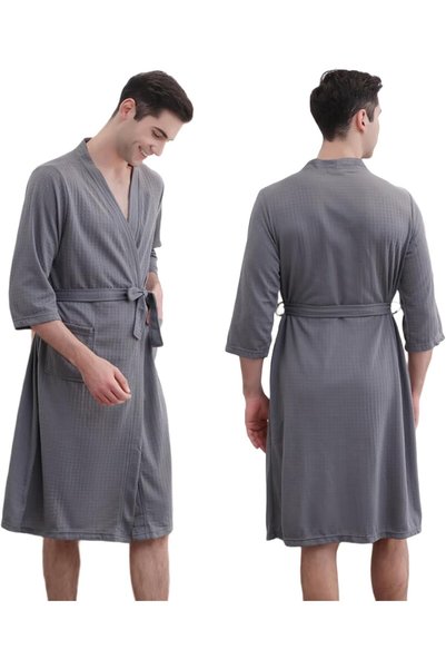 Generic Waffle Robes for Men, Lightweight Knee, Length 3/4 Sleeve Knit Bath R...
