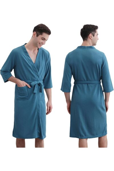 Generic أرواب وافل للرجال، خفيفة الوزن بطول الركبة، أرواب حمام محبوكة بأكمام ...