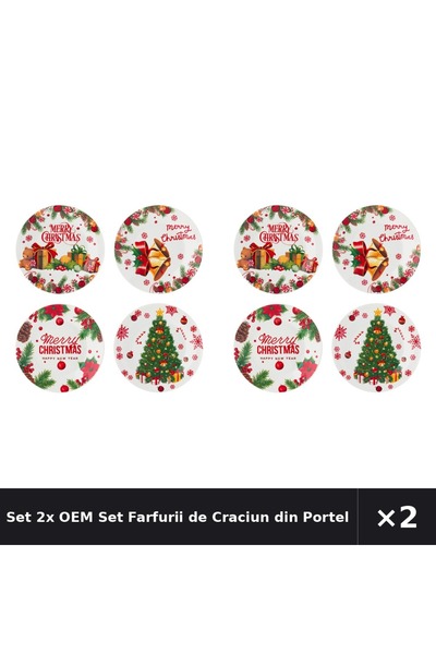 OEM Set 2x Set Farfurii de Craciun din Portelan cu Modele "Merry Christmas" p...