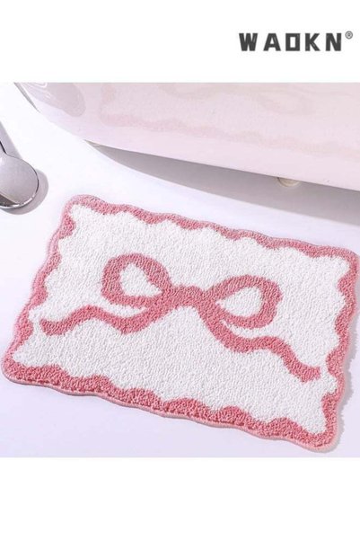 Generic Brand WAOKN Pink Bow Bathroom Rug ,Scalloped Bow Bath Mat Non Slip Cu...