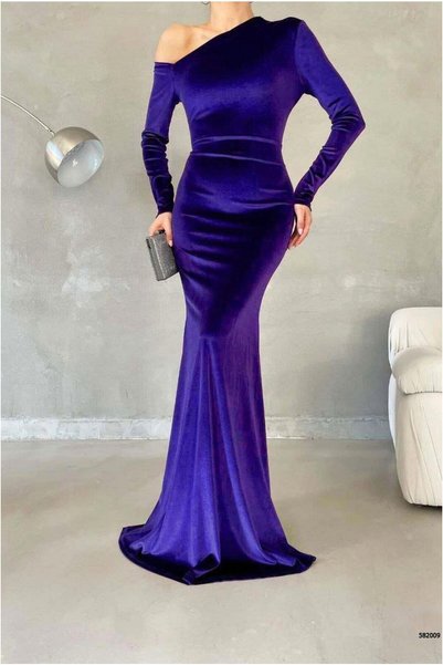 Şeker Portakalım Velvet Evening Dress Asymmetrical Maxi Fabric Collar Dress