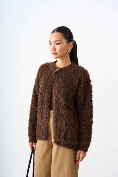 LOCCO Women's Collared Buttoned Feather Detail Knitwear Cardigan Brown