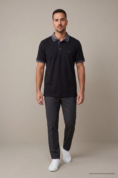 Maccali Tricou negru pentru bărbați cu guler polo din jacquard