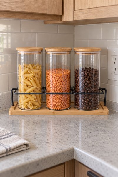 Generic 3-Piece Glass Jar Set with Beige Wood-Style Lid, Stand, and Organizer...