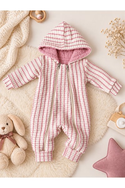 Chicsy Baby Tatlı Unisex Kışlık Triko Bebek Tulumu Kapüşonlu Çift Fermuarlı Ç...