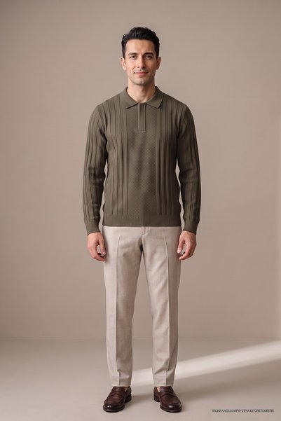 Maccali Khaki Men's Honeycomb Patterned Polo Collar Knit Sweater with Hidden ...
