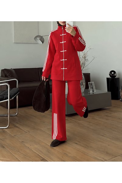 Hepsi Moda Chinese Knot Ribbon Detailed Trouser Suit - Red (Es)