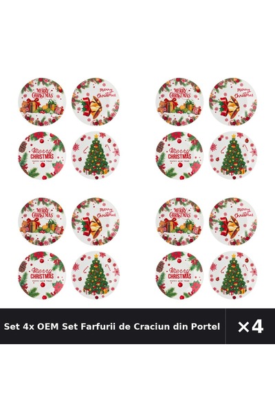 OEM Set 4x Set Farfurii de Craciun din Portelan cu Modele "Merry Christmas" p...