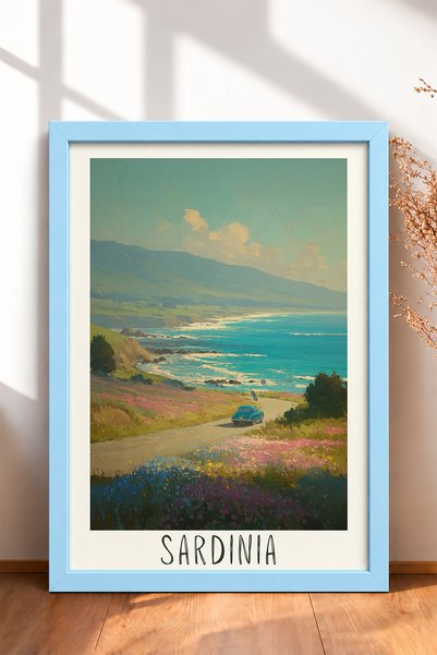 HOMEPACK Sardinia Coast Road and Classic Car Framed Art Print Italy Poster Li...