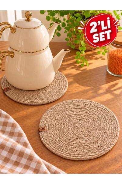 Nihale (2 ADET ) Hasır Halat Dikişli Tencere Tava Çaydanlık Altlığı Doğal Jüt İp Mutfak Altlığı 20 cm