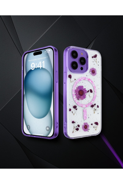 teknodayım Apple iPhone 15 Pro Case Daisy Glitter Magsafe Cover - Purple