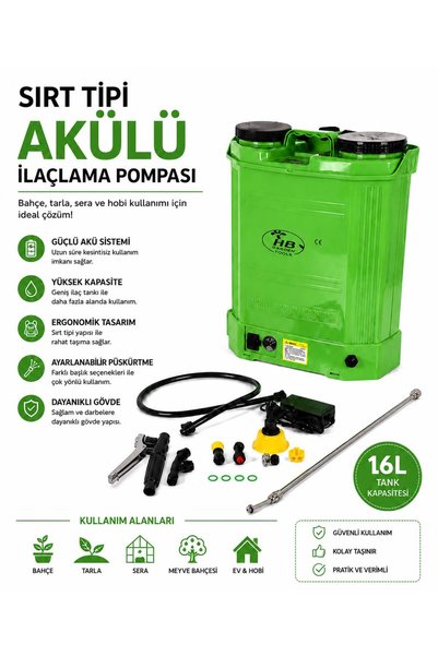HB Garden Tools 16 Lt Şarjlı Akülü Turbo Sırt Tipi İlaçlama Pompası Makinası