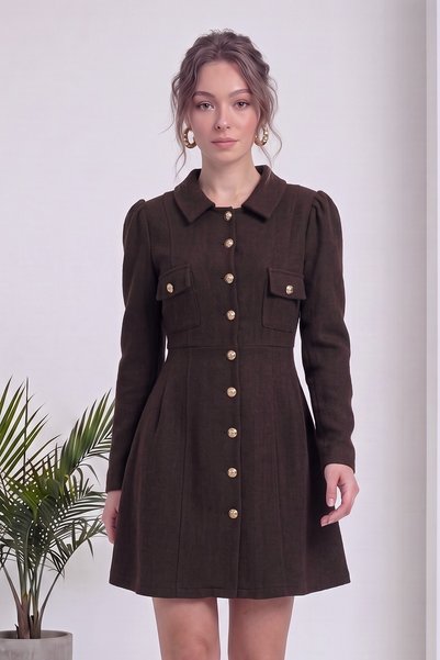 zks grup tekstil Rochie tip cămașă cu guler de cămașă, nasturi aurii, pentru femei, negru, ecru, maro