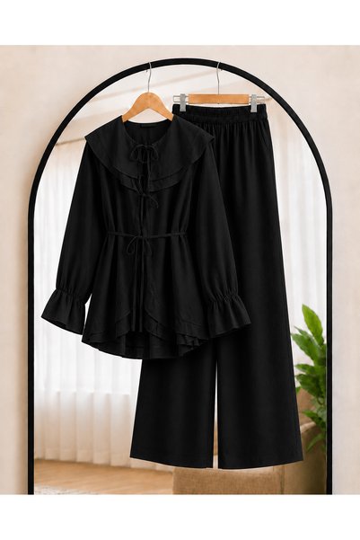 Hepsi Moda Ruffle Detailed Trousers Suit - Black