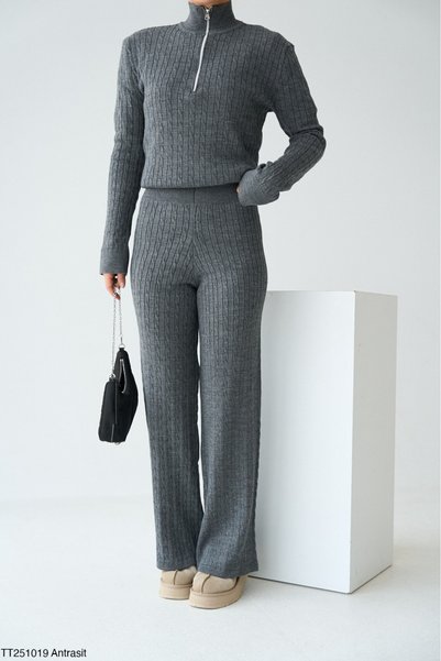 Lupies Women's Anthracite Zippered Sweater - Tapered Leg Pants Hair Knit 2-Pi...
