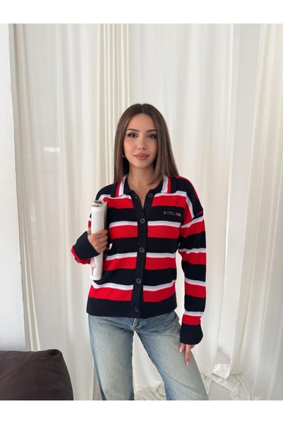 Noi Belis Polo Collar Buttoned Striped Knitwear Cardigan Aw26Hi0060