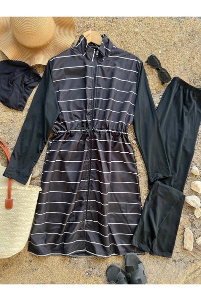 Hepsi Moda Straight Line Patterned Hijab Swimsuit - Mrt - Black