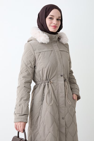 InStyle Drawstring Hooded Long Mink Quilted Coat