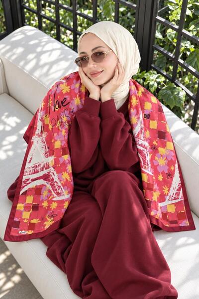 AFVENTE Eiffel Flower Pattern Coral-Burgundy Soft Foulard Scarf 90X90 cm