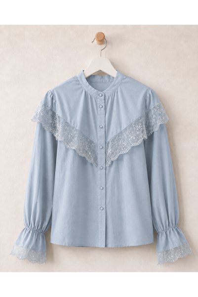 Hepsi Moda Roba Guipure Detailed Shirt - 3997- Ice Blue