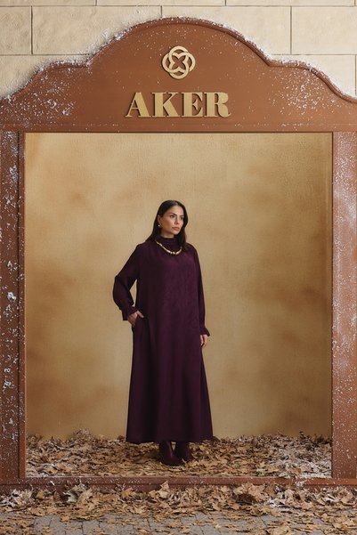 Aker Bordo Desenli Büzgü Detay Elbise