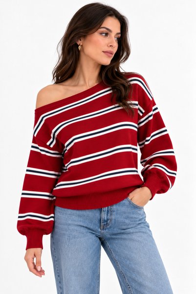 Selay Accessory Women's Striped Boat Neck Slim Knit Sweater