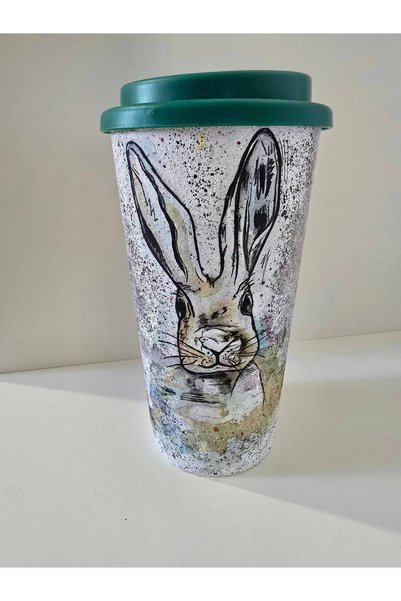 OEM Pahar To Go 500 ml pictat manual – Iepuraș gri cu buline colorate