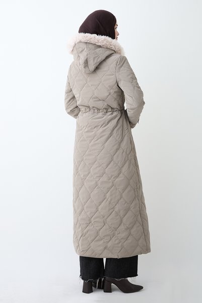 InStyle Drawstring Hooded Long Mink Quilted Coat