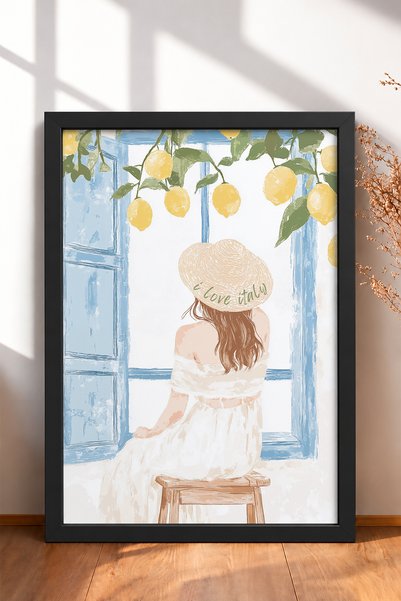 HOMEPACK I Love Italy Woman in Hat and Lemons Framed Painting Italy Poster Wa...