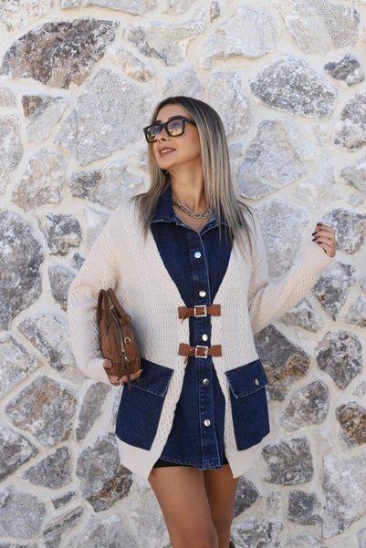 bytugcekaya Cream Standard Size Knitwear Cardigan with Jean Detail