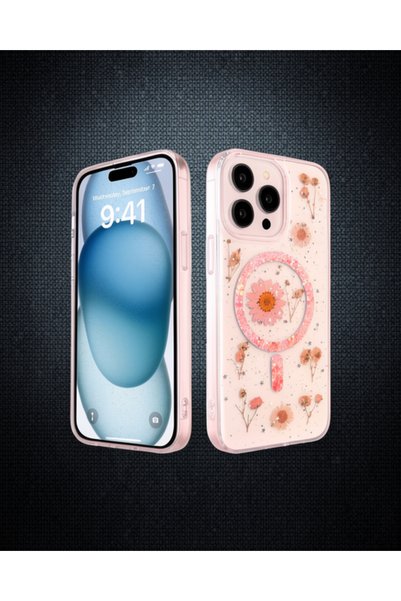 Generic Brand Apple iPhone 14 Pro Max Case Daisy Glitter Magsafe Cover - Pink