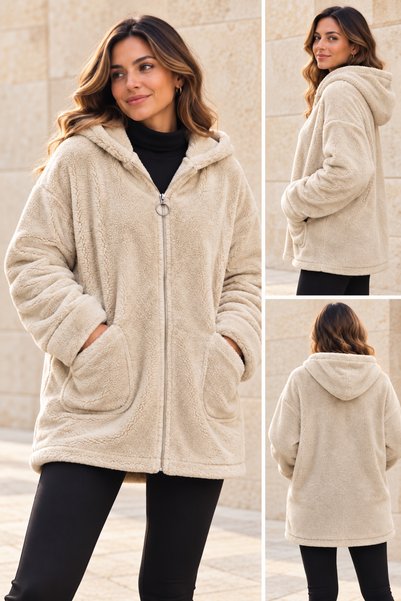 AGORATEKSTİL Women's Plush Plus Size Welsoft Zippered Double Pocket Jacket 42-50