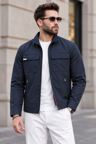 Oxledo Men's Double-Capped Classic Collar Seasonal Jacket with Chest Pocket, Navy Blue