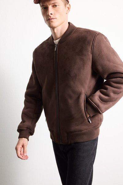 DeFacto Slim Fit College Collar Zippered Pocket Suede Bomber Coat I1843Ax26Wn