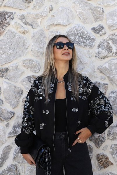 bytugcekaya Black Nubuck Premium Stone Embroidered Jacket