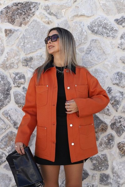 bytugcekaya Orange Velvet Collar Detailed Jacket