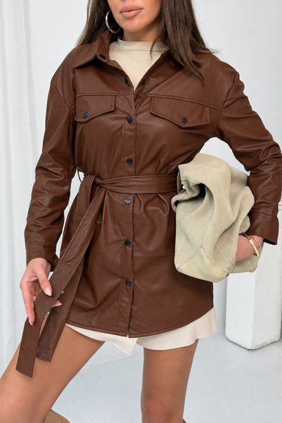NEW JOURNAL Women's Brown Belted Faux Leather Jacket Shirt Nj205