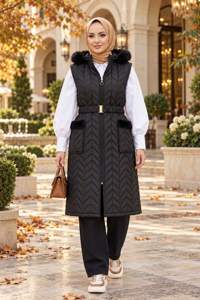 Hb Harma Time Butik Women's Hooded Zippered Black Quilted Vest with Pockets