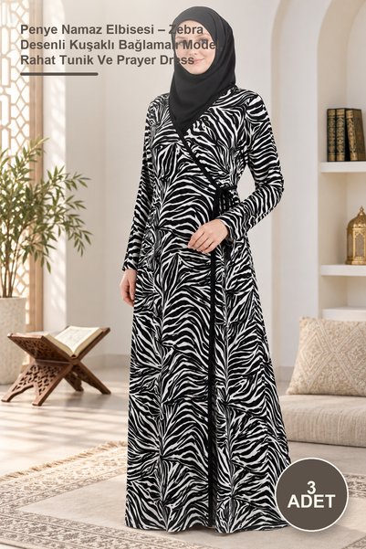 Yenilig 3-Piece Combed Cotton Prayer Dress – Zebra Patterned Belted Tie-Up Mo...
