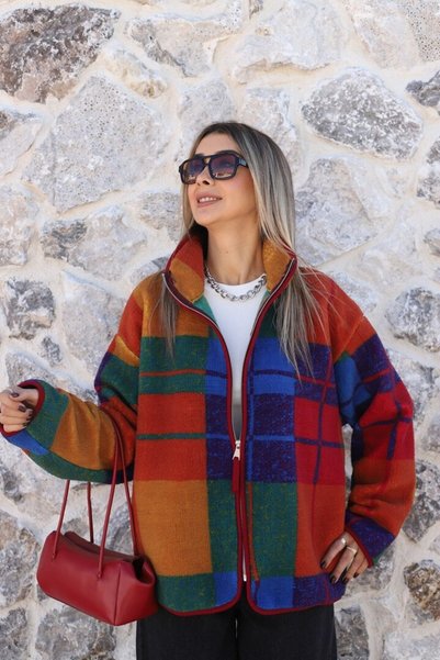 bytugcekaya Jachetă de pluș cu fermoar, în carouri, de culoare burgundy, mări...