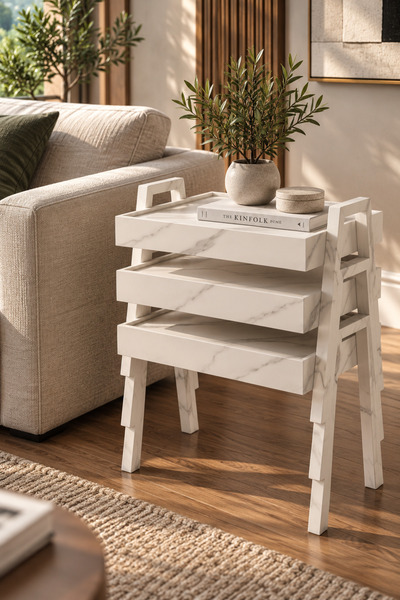 Lisso Home Tafo 3'lü Tepsi Zigon Sehpa Beyaz Mermer Desen İç İçe Geçme 50x35 ...