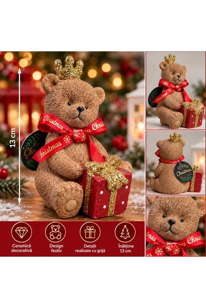 Generic Brand Decorative Ceramic Christmas Bear with Golden Crown and Gift – ...