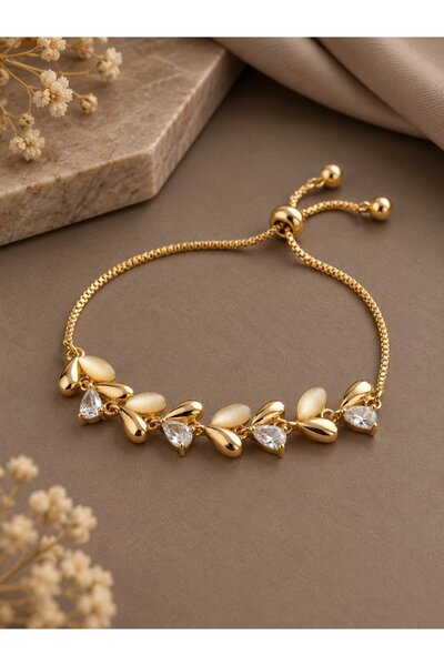 serelya Gold Color Drop Model Zircon Stone Women's Bracelet with Elevator Chain