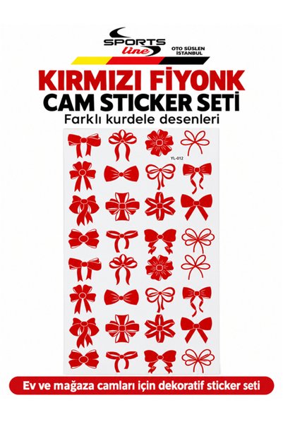 OTO SÜSLEN İSTANBUL Kırmızı Fiyonk ve Kurdele Desenli Dekoratif Cam Sticker Seti 20×35 cm