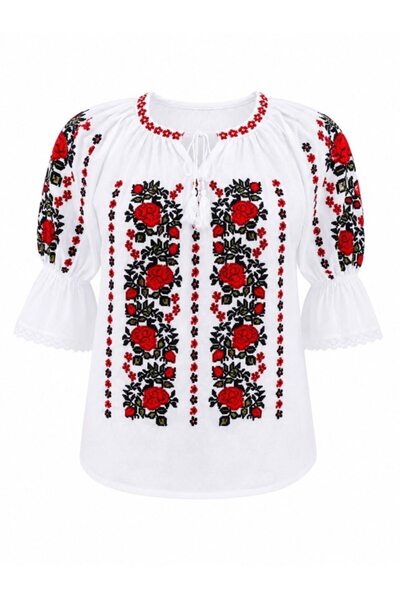 OEM Bluză de damă, din bumbac, mânecă 3/4 tip clepsidră cu bordură din dantel...